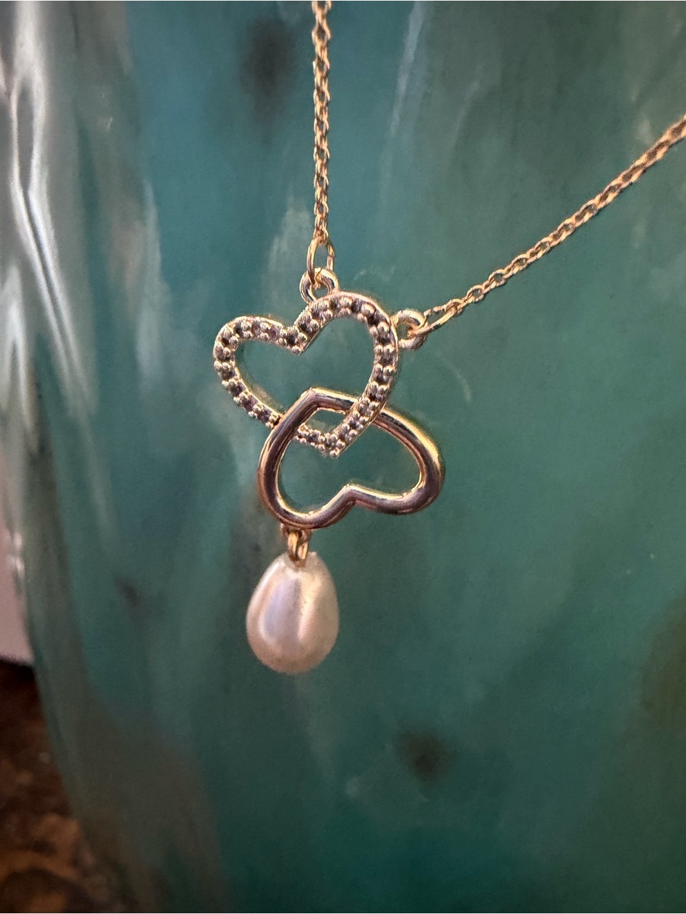 C&B Gold Tone Double Heart Necklace with Pearl Drop. Add to Bundle NWT